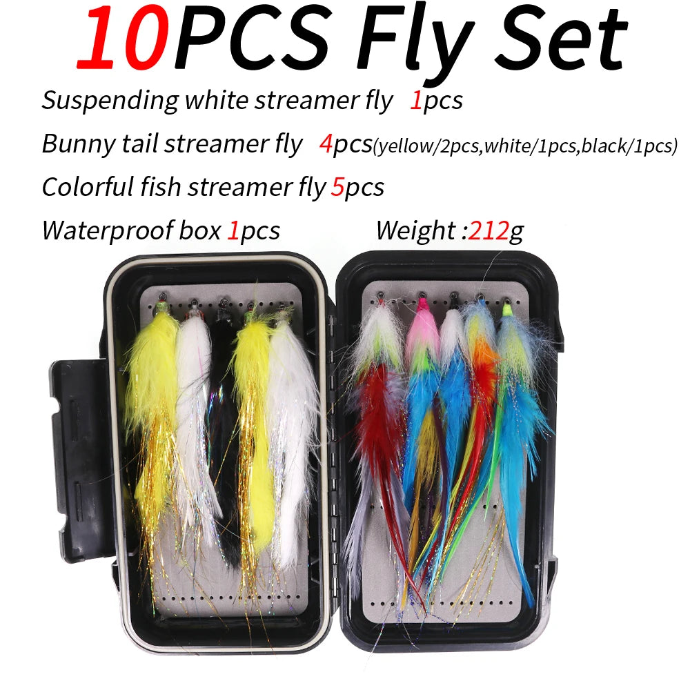 ICERIO 10pcs Saltwater Streamer Fly Set Box 3 Style Fish Streamer Fly Bass Pike Muskie Fishing Lure with Waterproof Fly Box