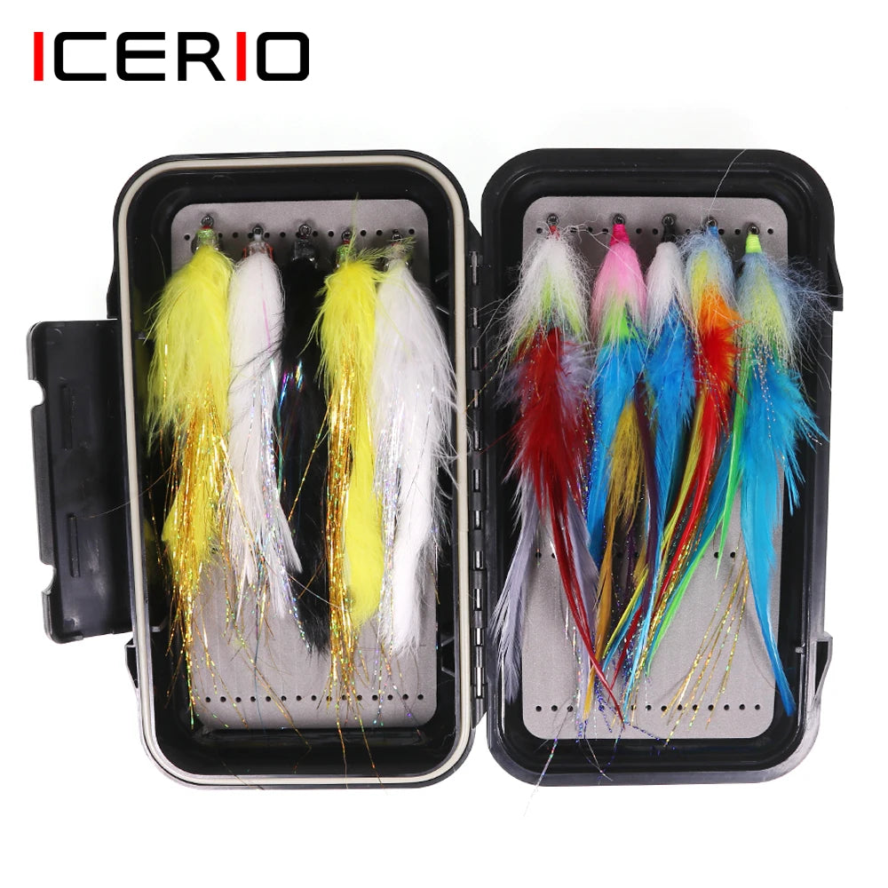 ICERIO 10pcs Saltwater Streamer Fly Set Box 3 Style Fish Streamer Fly Bass Pike Muskie Fishing Lure with Waterproof Fly Box