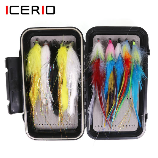 ICERIO 10pcs Saltwater Streamer Fly Set Box 3 Style Fish Streamer Fly Bass Pike Muskie Fishing Lure with Waterproof Fly Box