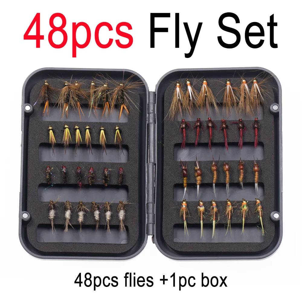 Vampfly 48pcs Fly Set Box Bead Head Copper John Nymph Caddis May Fly Nymphs Dry Flies With Fly Box For Trout Fishing Lure Bait
