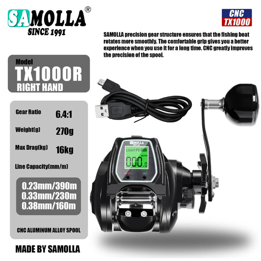 SAMOLLA Large Deep Sea Electronic Fishing Reel Baitcasting Saltwater Waterproof 6.4:1 16KG Drag Catfishing Trolling Metal Base