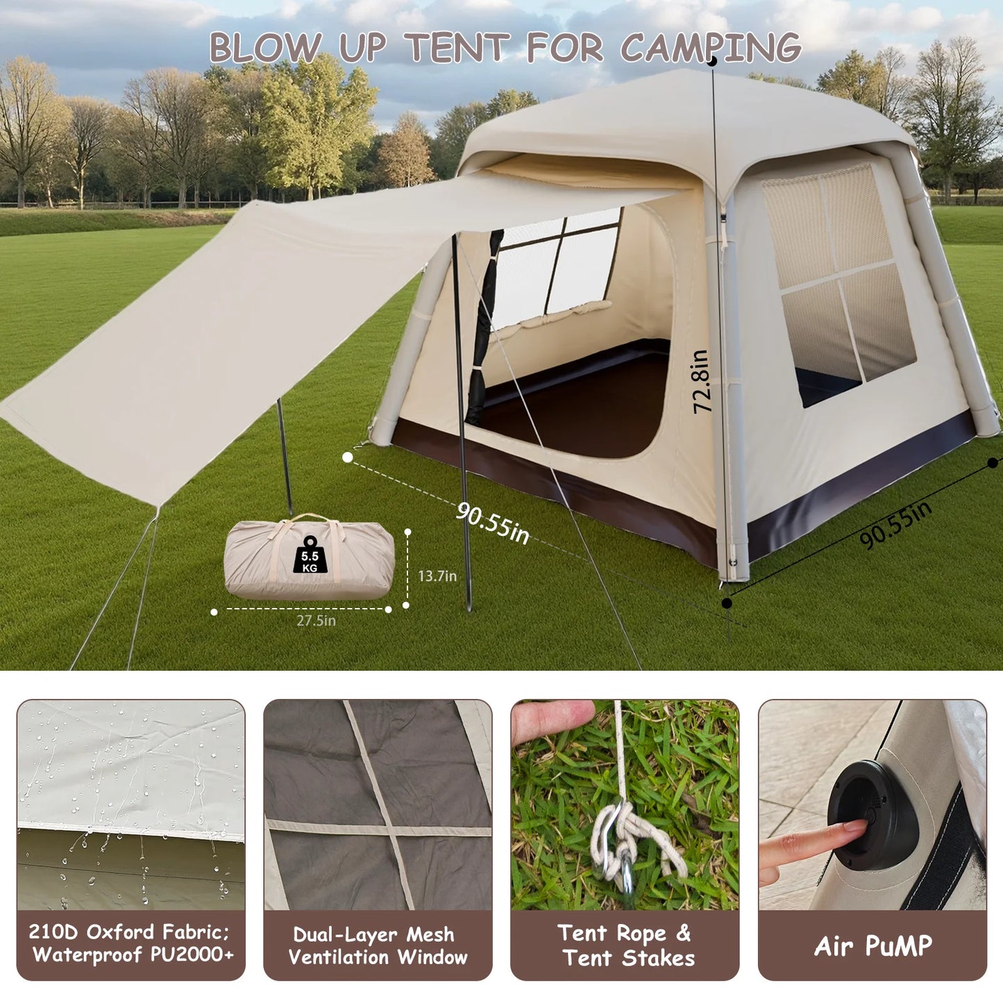 Automatic Inflatable Camping Tent,Easy Set up 3-4 Person Glamping Outdoor 4 Season Air Blow Up Tents.Rainfly & Windproof tent